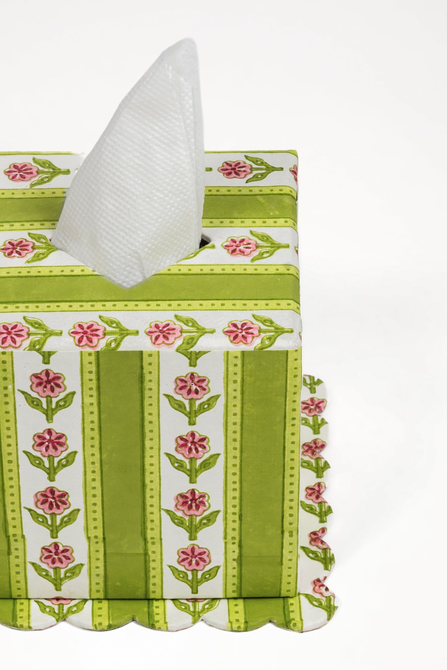 Cottage Garden Blockprint Scallop Tissue Box Cover in Green