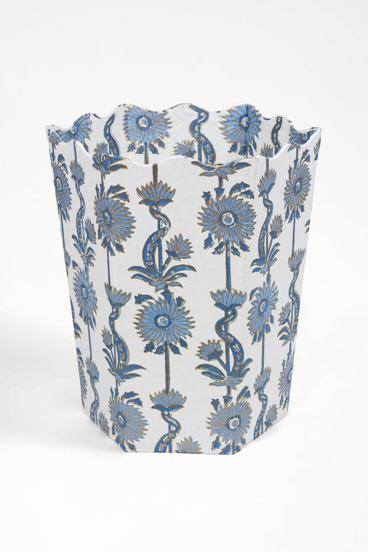 Floral Vines Blockprint Scallop Waste Bin / Storage Bin in Blue