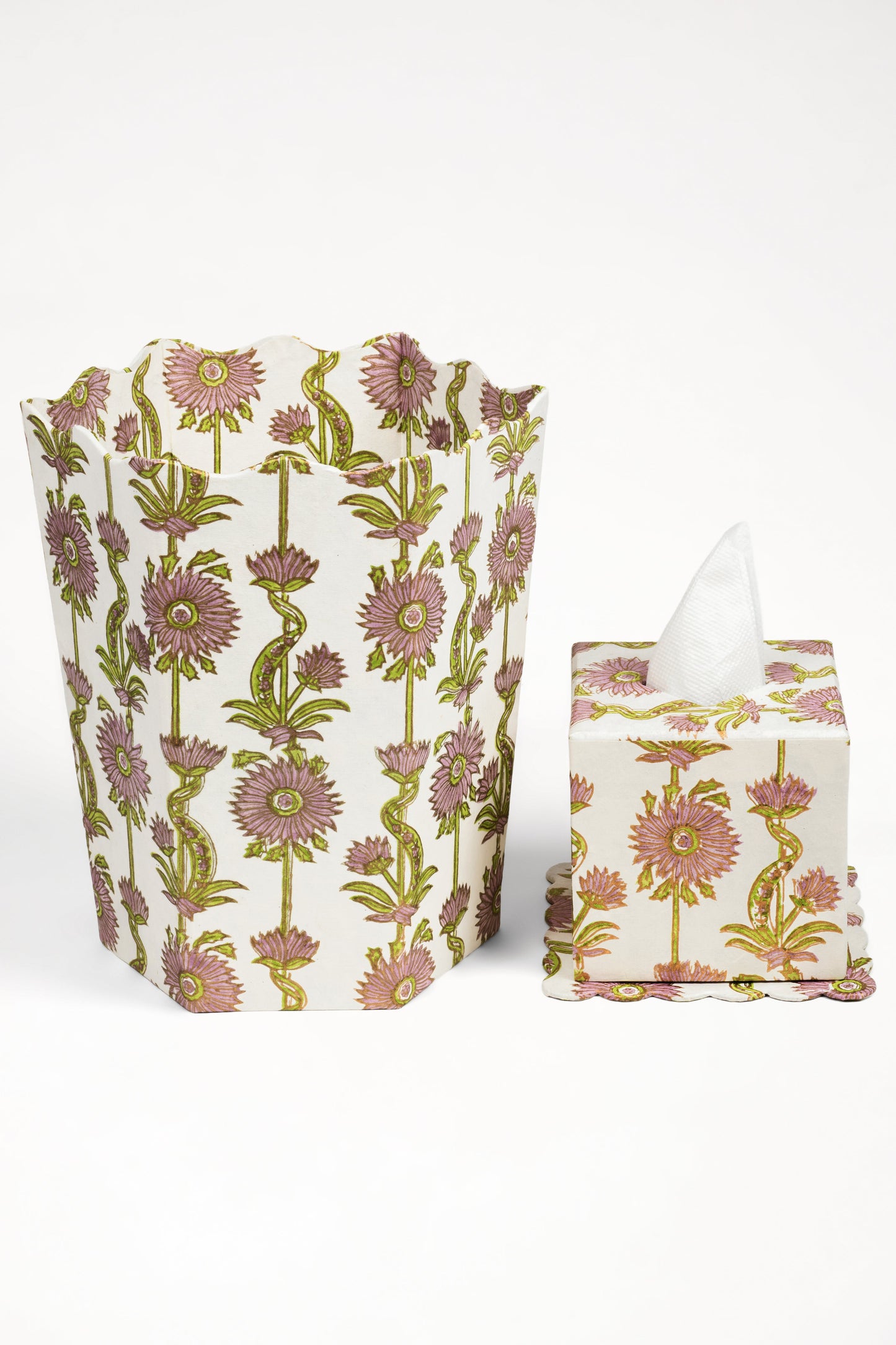 Floral Vines Blockprint Scallop Waste Bin / Storage Bin in Lilac Purple