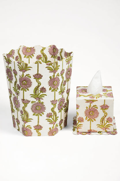Floral Vines Blockprint Scallop Waste Bin / Storage Bin in Lilac Purple