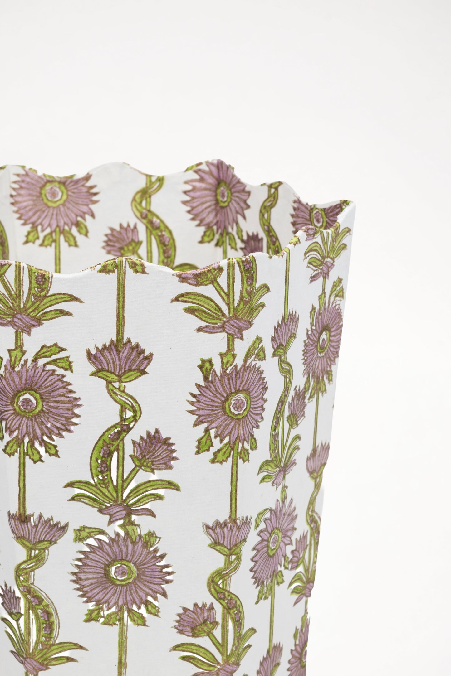 Floral Vines Blockprint Scallop Waste Bin / Storage Bin in Lilac Purple