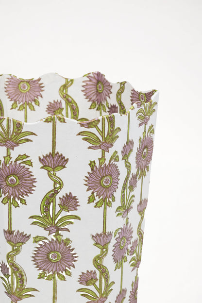 Floral Vines Blockprint Scallop Waste Bin / Storage Bin in Lilac Purple