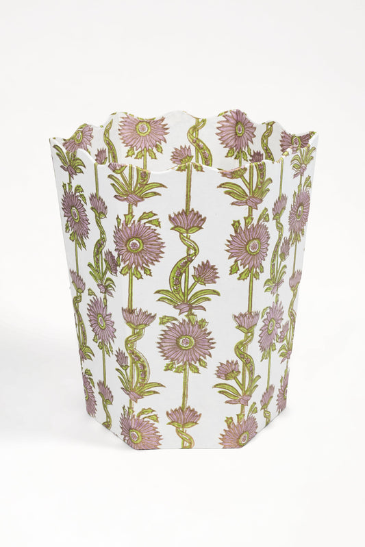 Floral Vines Blockprint Scallop Waste Bin / Storage Bin in Lilac Purple