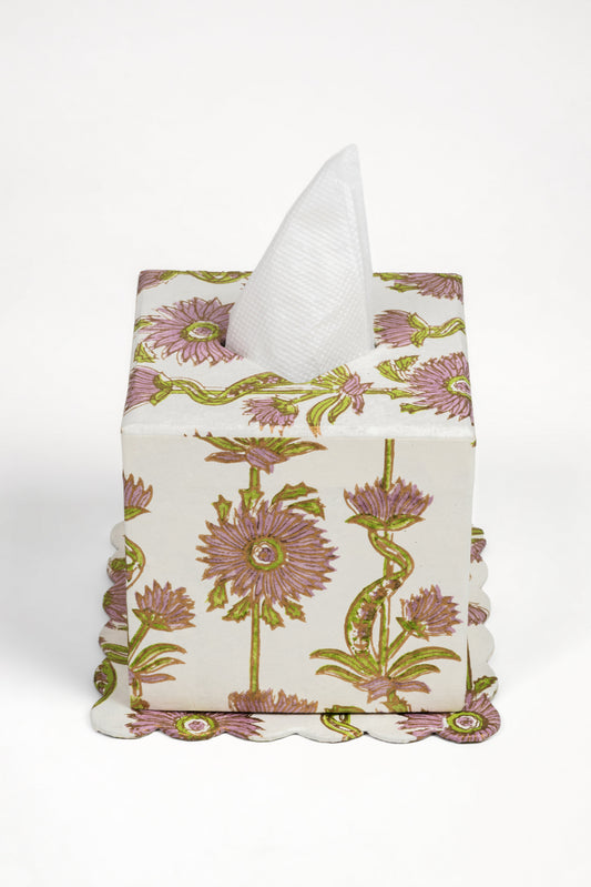 Floral Vines Blockprint Scallop Tissue Box Cover in Lilac Purple