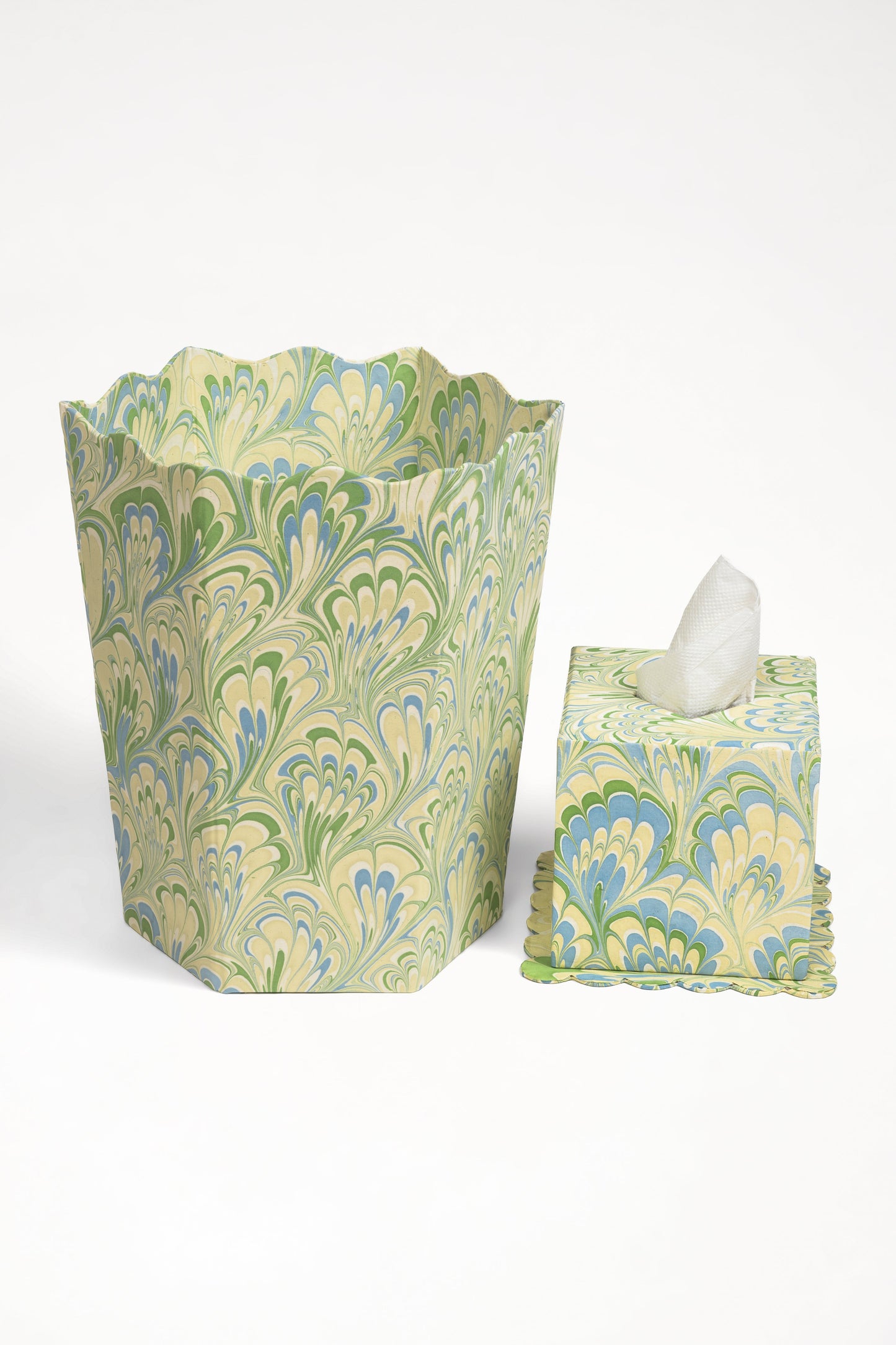 Hand-Marbled Scallop Waste Bin / Storage Bin in Seaglass Peacock