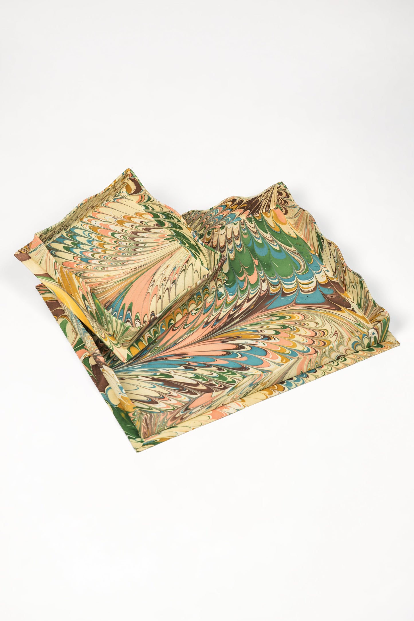 Nesting Scalloped Hand-Marbled Trays in Flatiron Feathers