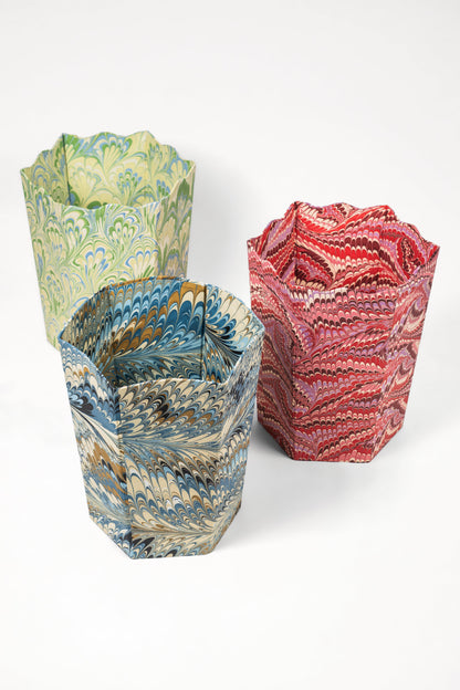 Hand-Marbled Scallop Waste Bin / Storage Bin in Nila Feathers
