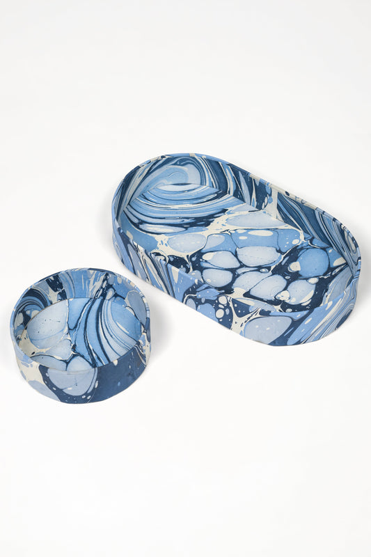 Nesting Hand-Marbled Oval Desk Tray Set in Ocean Wave