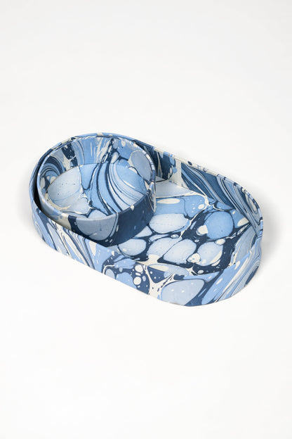 Nesting Hand-Marbled Oval Desk Tray Set in Ocean Wave