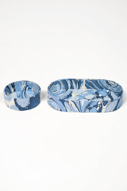 Nesting Hand-Marbled Oval Desk Tray Set in Ocean Wave