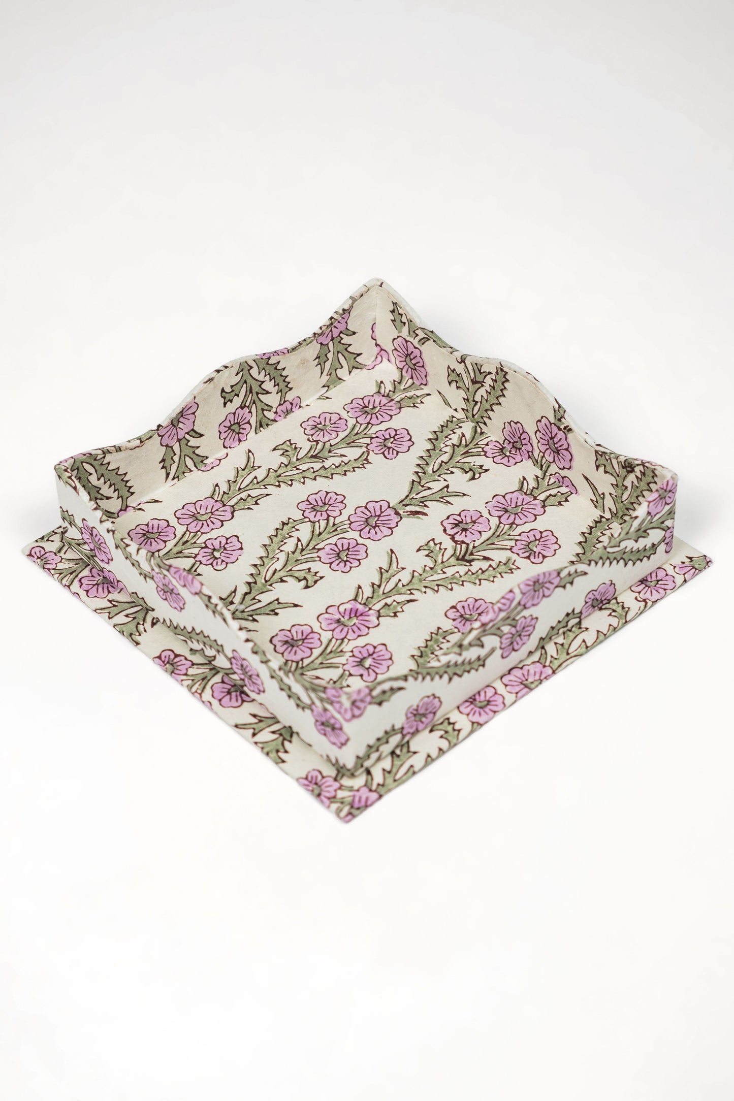 Nesting Scalloped Blockprint Trays in Purple Forget-Me-Not