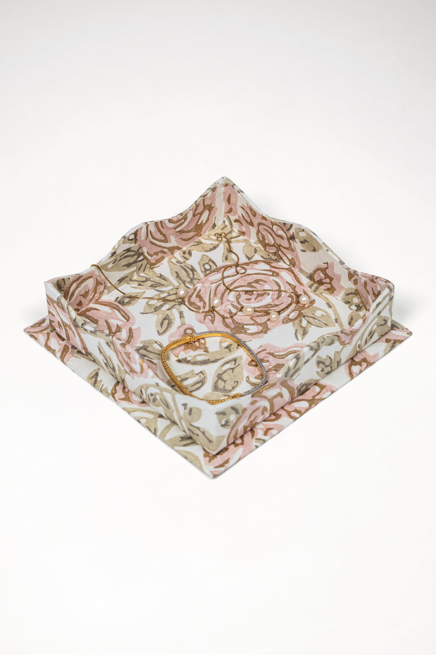 Nesting Scalloped Blockprint Trays in Rose Garden