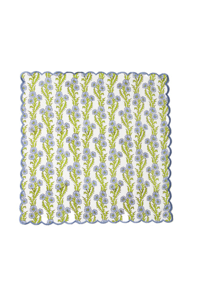 Forget-Me-Not Scallop Embroidered Blockprint Napkins, Set of 4