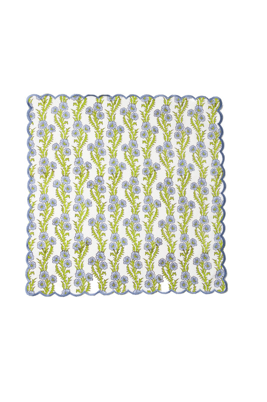 Forget-Me-Not Scallop Embroidered Blockprint Napkins, Set of 4