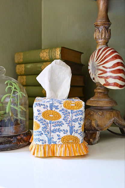 Ruffled Tissue Box Cover in Araminta Yellow Blockprint