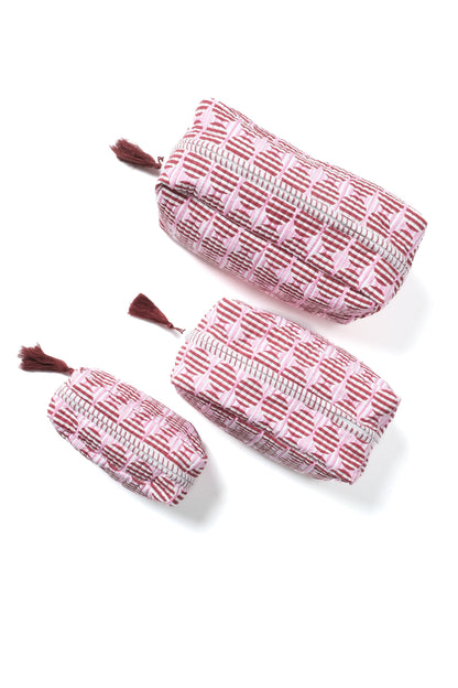 Striped Circles Blockprint Makeup Bag in Burgundy and Pink