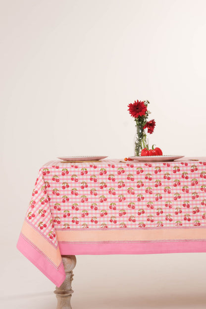 Cherry Blockprint Tablecloth in Red Gingham