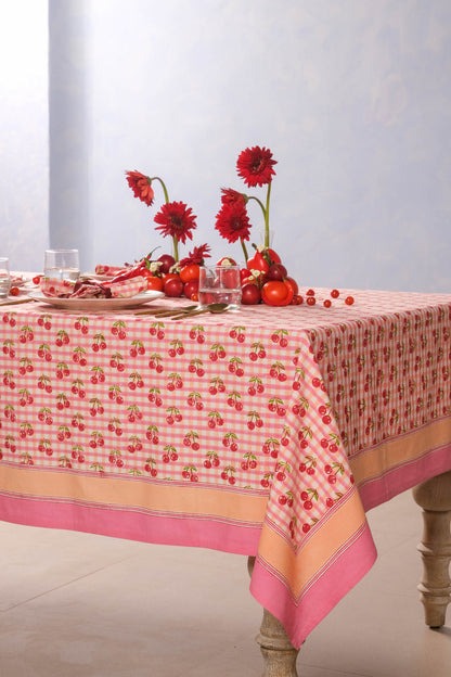 Cherry Blockprint Tablecloth in Red Gingham