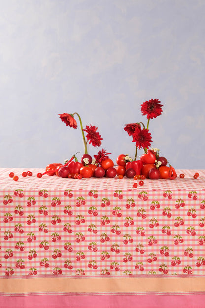 Cherry Blockprint Tablecloth in Red Gingham