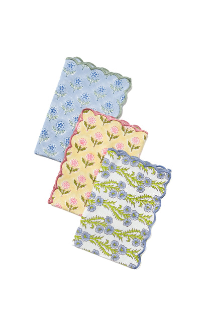 Forget-Me-Not Scallop Embroidered Blockprint Napkins, Set of 4