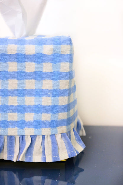 Ruffled Tissue Box Cover in Blue Gingham Blockprint