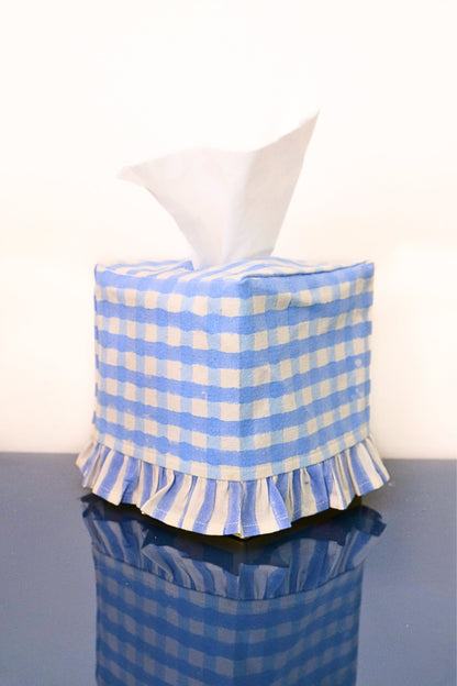 Ruffled Tissue Box Cover in Blue Gingham Blockprint