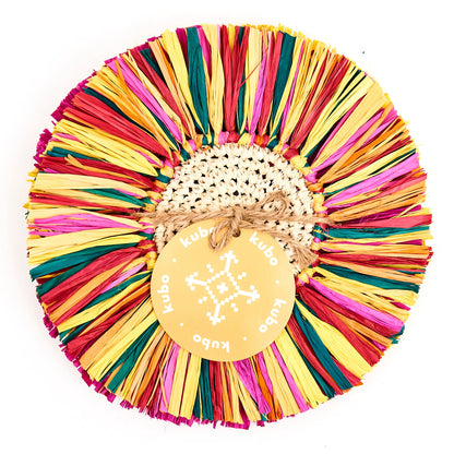 Pahiyas Woven Fringe Raffia Coasters Rainbow, Set of 4