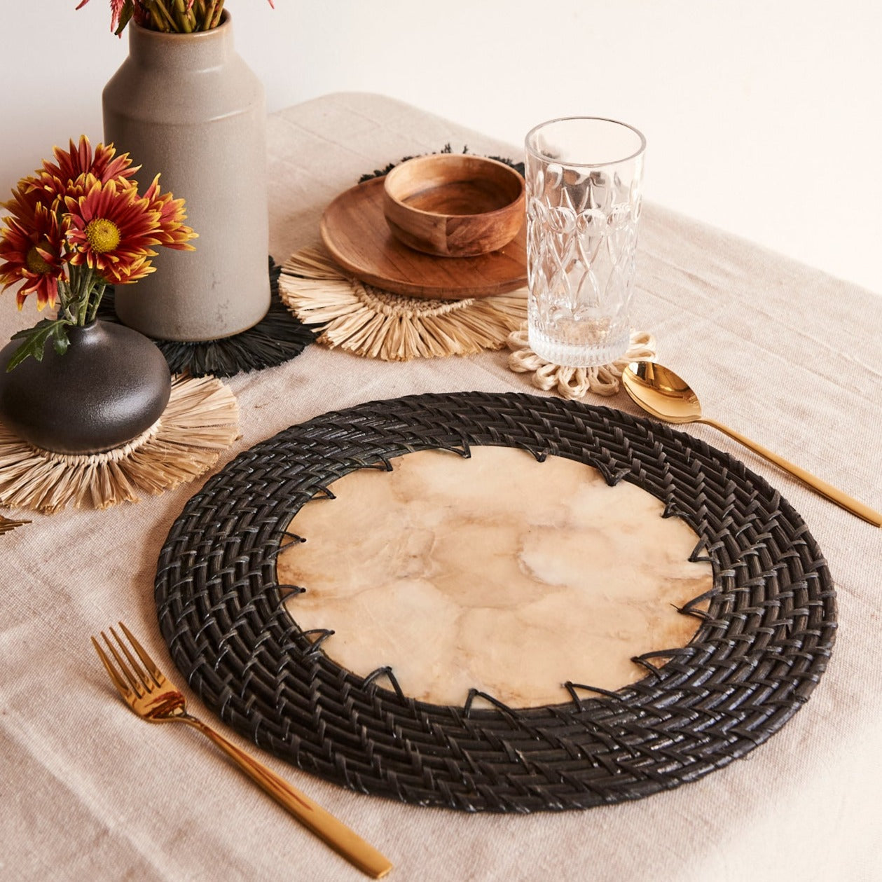 Capiz Shell Placemats With Black Rattan, Set of 2