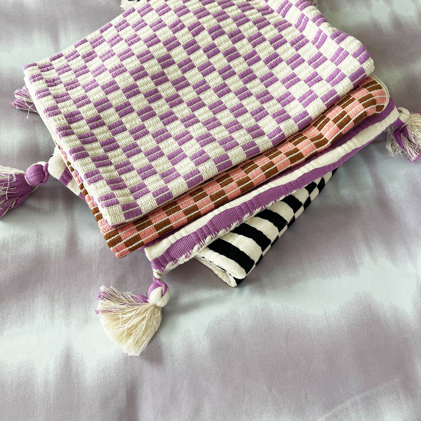 Checkered Brocade Pillow - Lilac & White