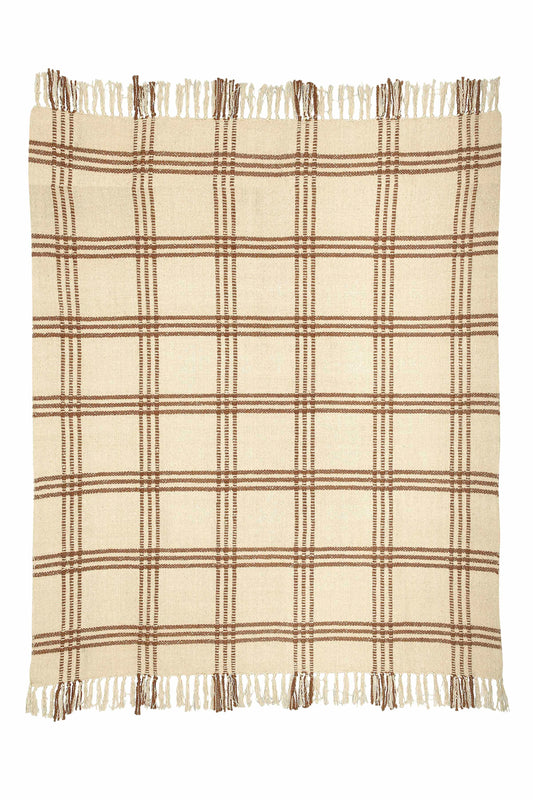 Cotton Boucle Large Checkered Pattern Throw Blanket - Brown