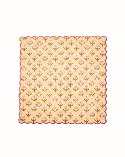 Mona Scallop Embroidered Blockprint Napkins in Butter Yellow, Set of 4
