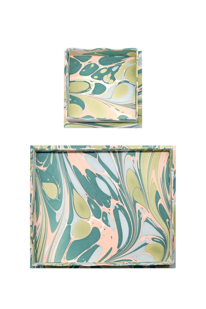 Nesting Scalloped Hand-Marbled Trays in Green and Pink