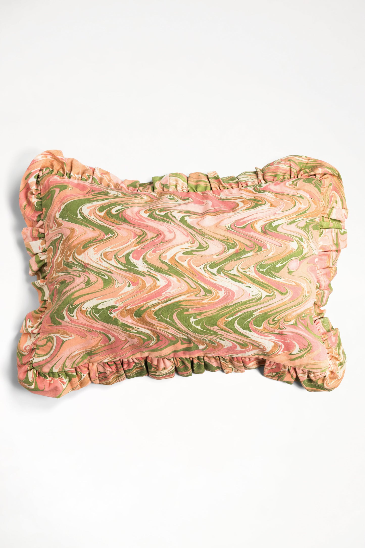 Peony Bloom Ruffled Hand-Marbled Pillow, 14x20