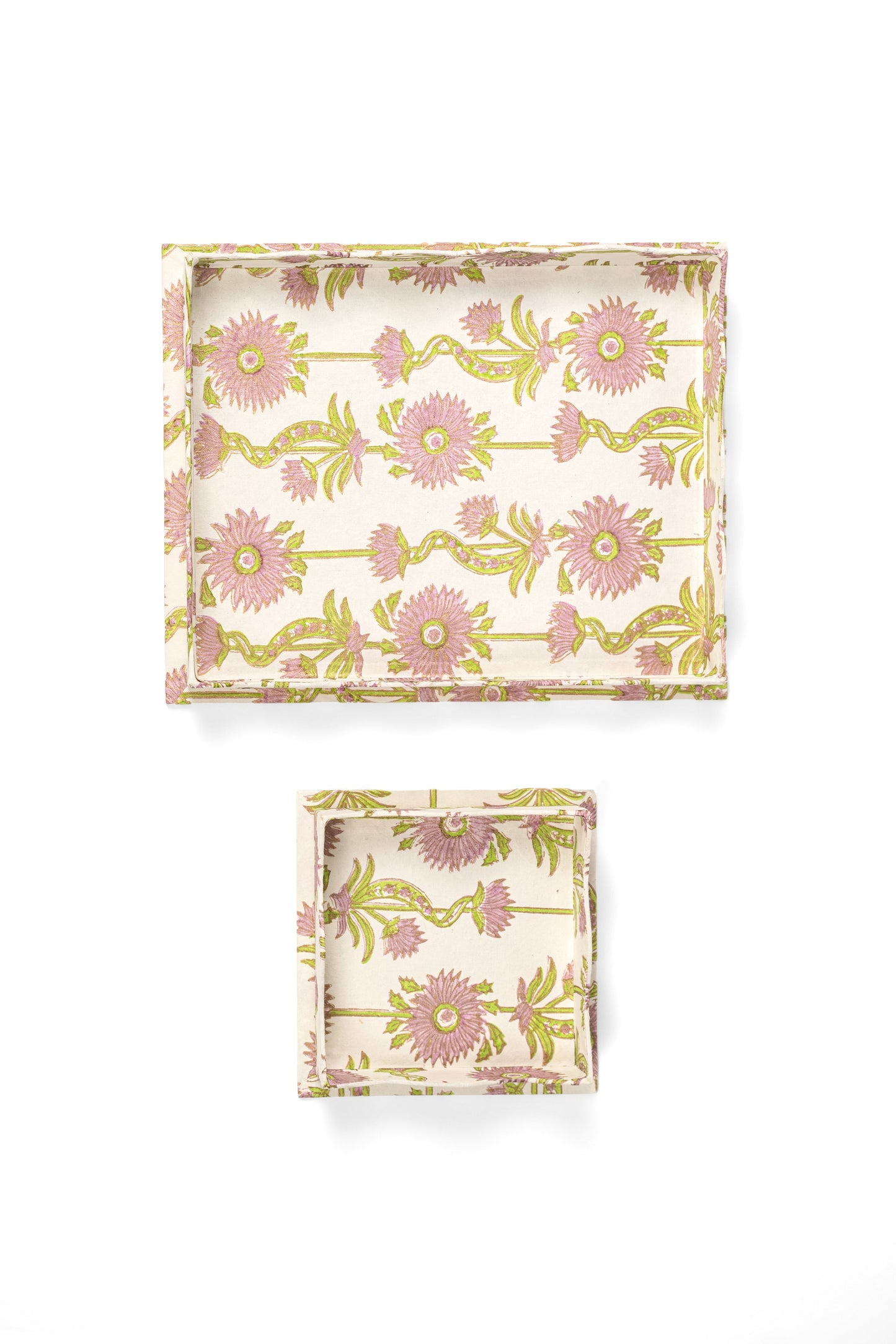Nesting Scalloped Floral Vines Blockprint Trays in Lilac Purple