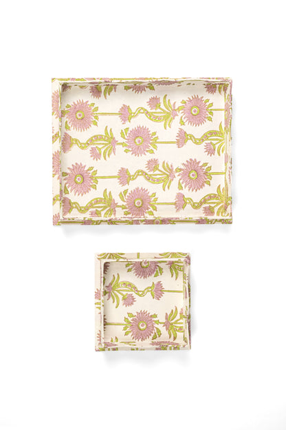 Nesting Scalloped Floral Vines Blockprint Trays in Lilac Purple