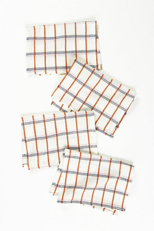 San Lucas Plaid White & Orange Cocktail Napkins, Set of 4