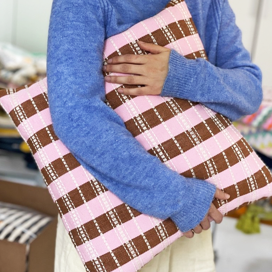 Santiago Grid Pillow - Baby Pink and Umber