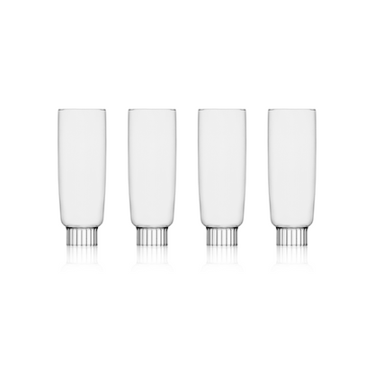 Hand-blown clear champagne glasses by Sprezz, crafted from safe, high-quality borosilicate glass, ready to elevate your spring tablescape with a personalized touch of color for any brunch party or Easter celebration."
