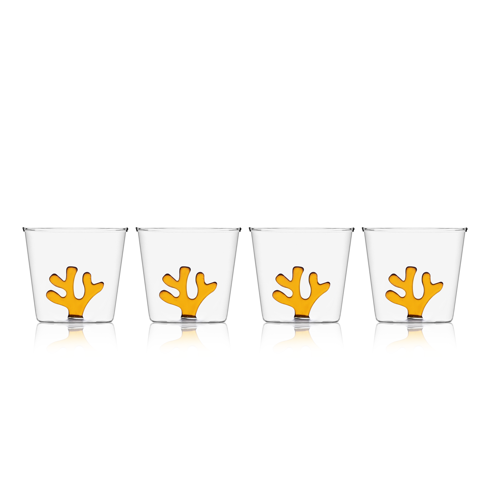 Sprezz Whimsical Tumbler Glasses Amber Orange | Colored Glassware Set of Four. A collection of all-purpose coloured glassware featuring an amber coral on the inside