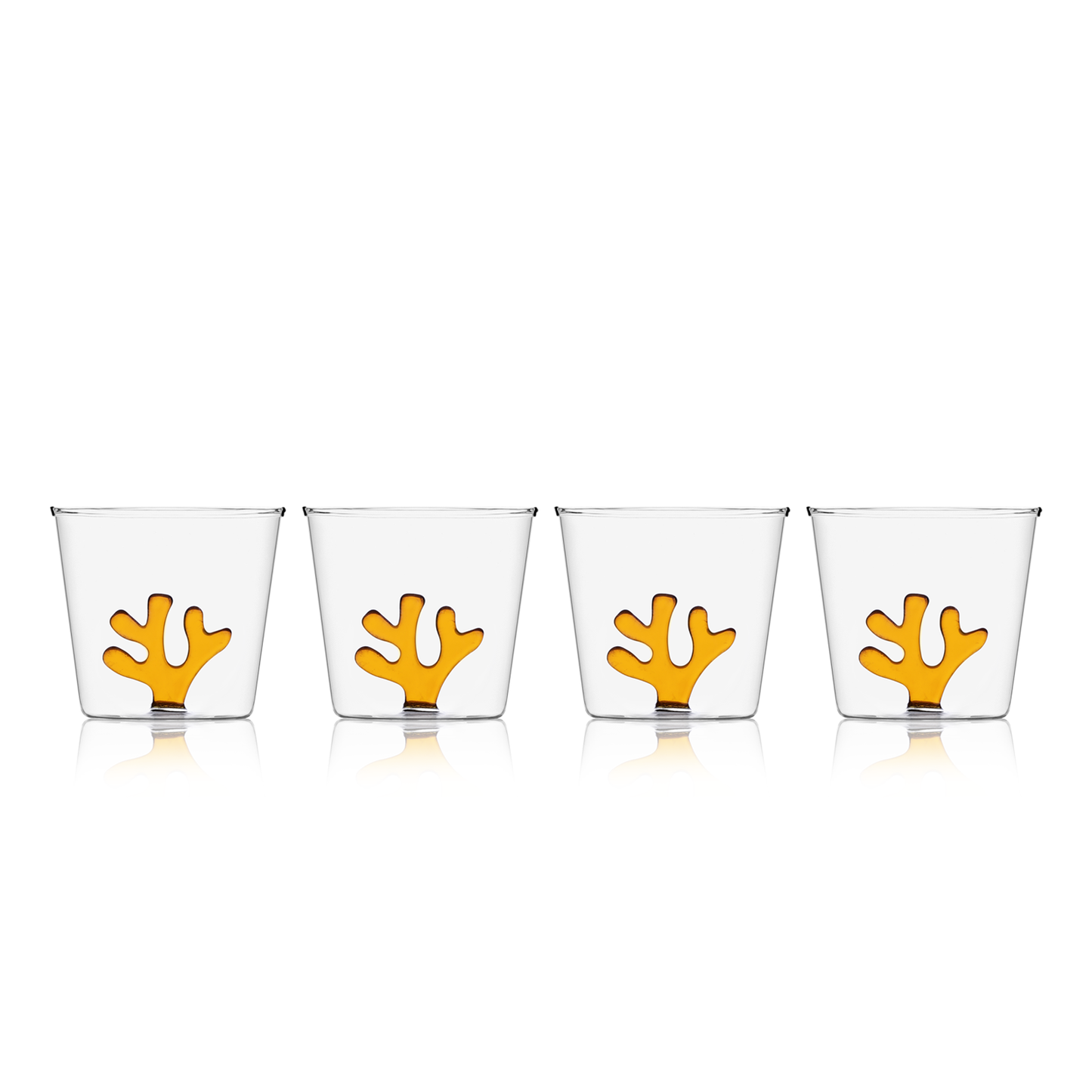 Sprezz Whimsical Tumbler Glasses Amber Orange | Colored Glassware Set of Four. A collection of all-purpose coloured glassware featuring an amber coral on the inside