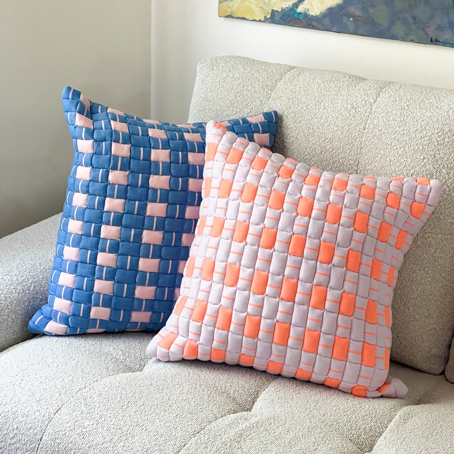 Sujani Quilted Pillow — Pastel Lilac and Neon Orange