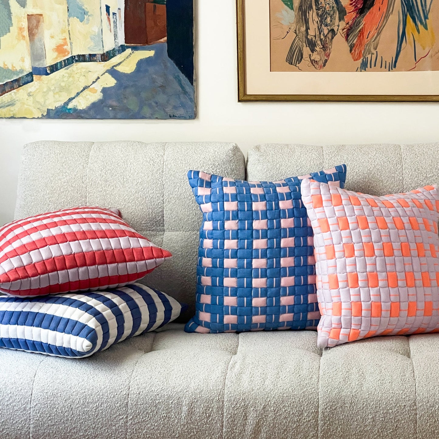 Sujani Quilted Pillow — Pastel Lilac and Neon Orange