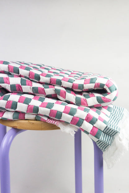 Quilted Sujani Throw Blanket - Pink, Green and White