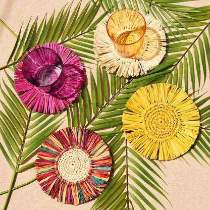 Pahiyas Woven Fringe Raffia Coasters Rainbow, Set of 4