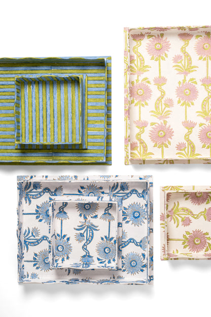 Nesting Scalloped Floral Vines Blockprint Trays in Blue