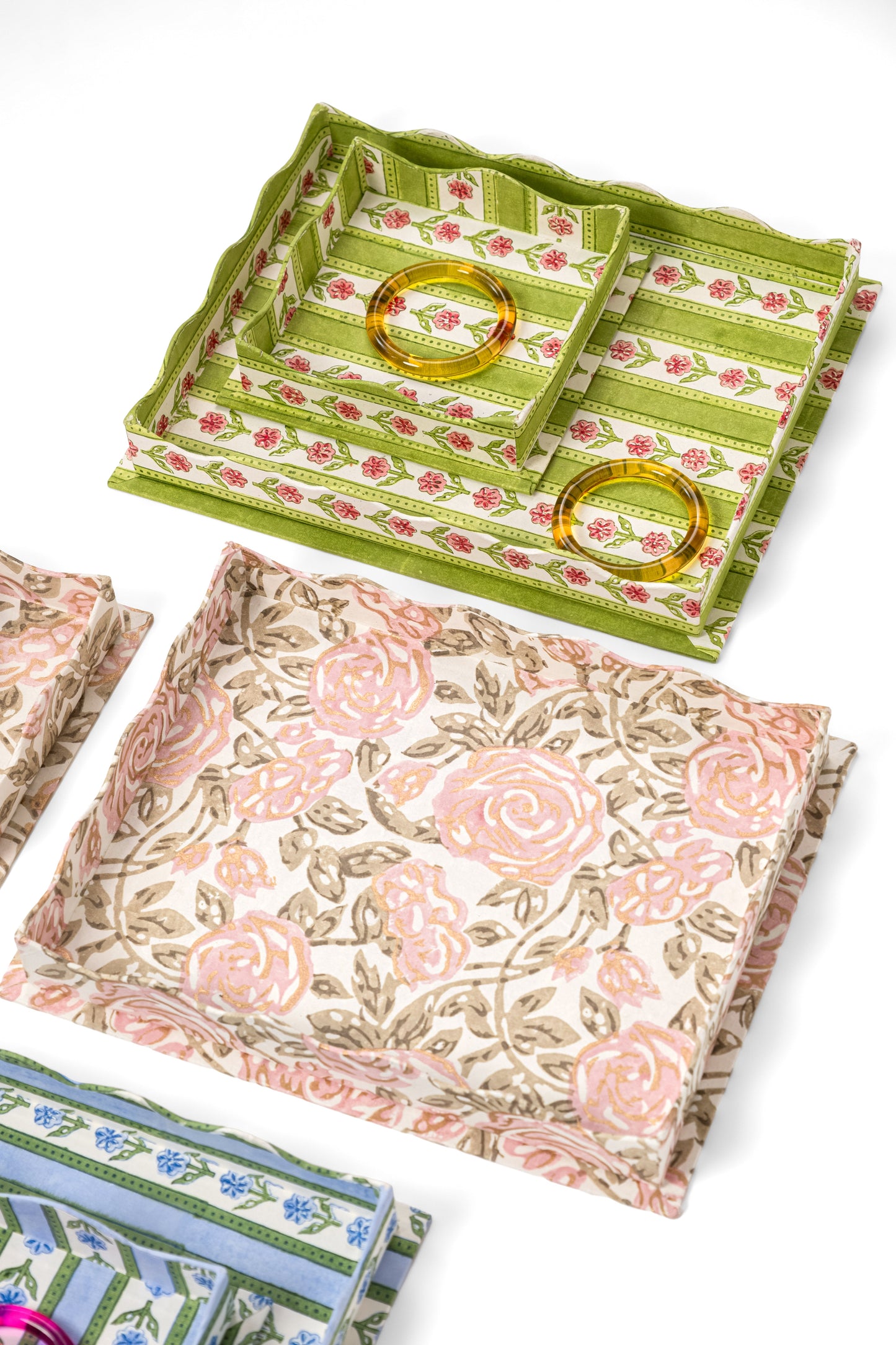 Nesting Scalloped Blockprint Trays in Rose Garden
