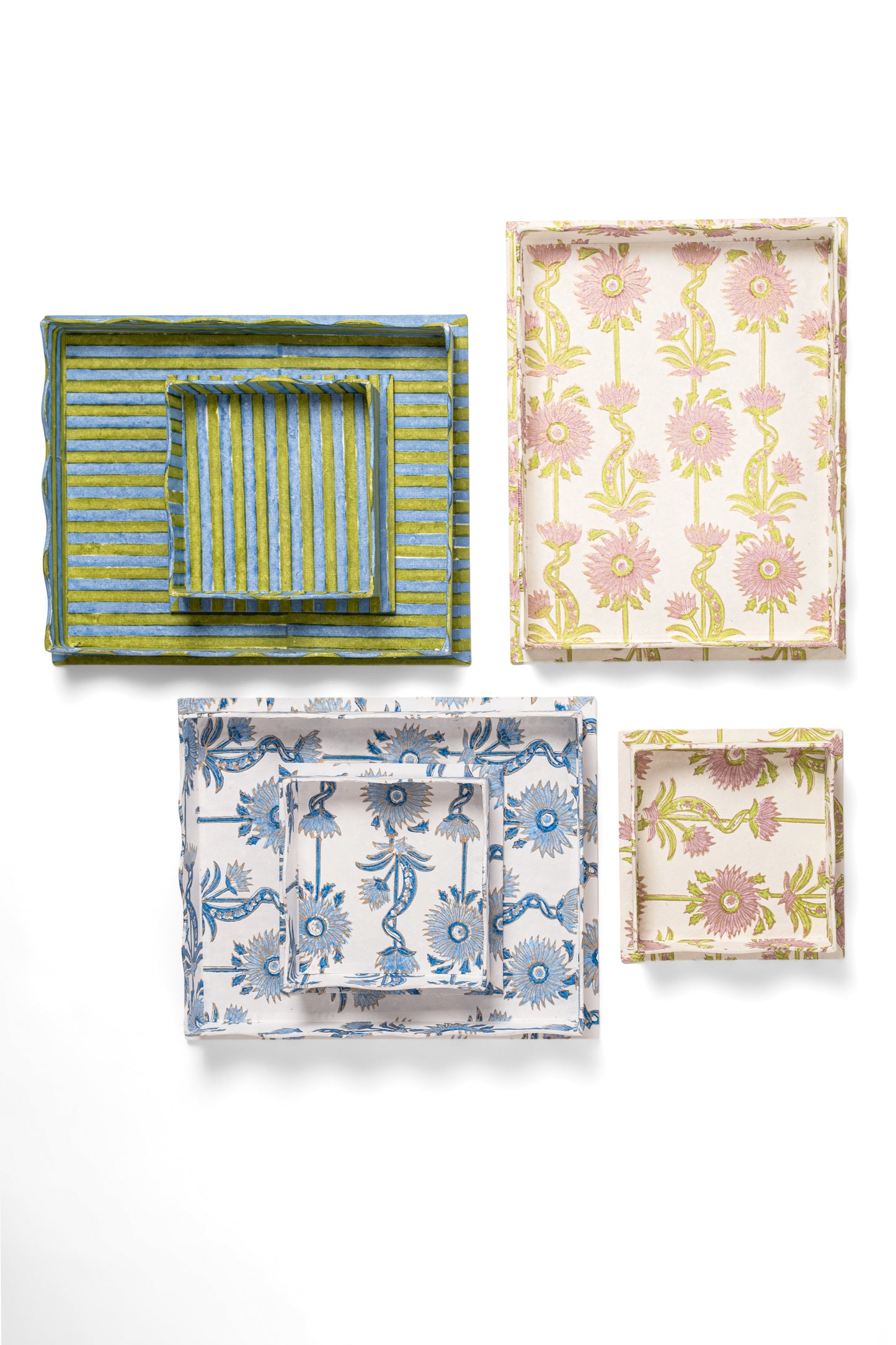 Nesting Scalloped Floral Vines Blockprint Trays in Lilac Purple