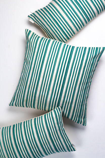 Vintage Jade Green and Natural Ivory Striped Pillow