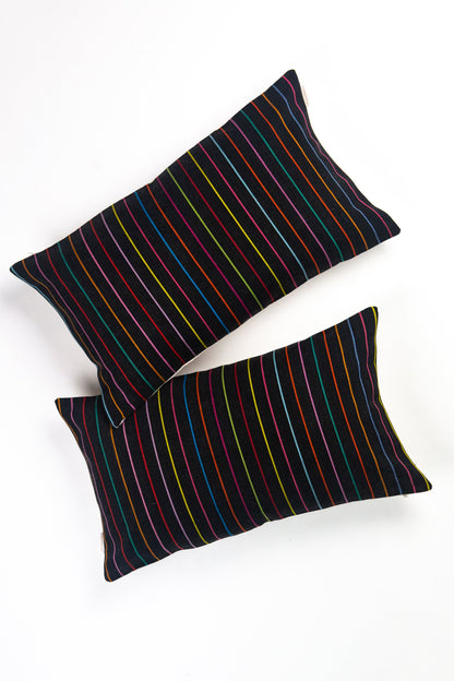 Vintage Washed Black Denim Rainbow Striped Pillow