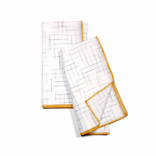 Summer School White and Gold Grid Dinner Napkins, Set of 2